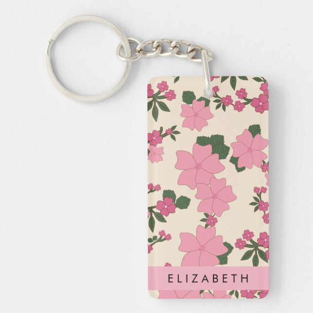 Porte-clefs Fleurs Roses, Motif De Fleurs, Votre Nom (Devant)