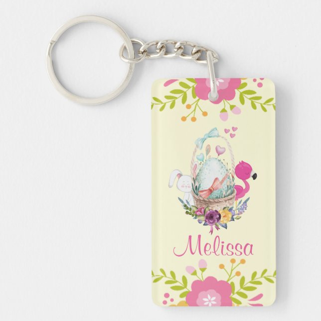 Porte-clefs Fleurs roses, Oeuf, Flamant rose et lapin Aquarell (Devant)