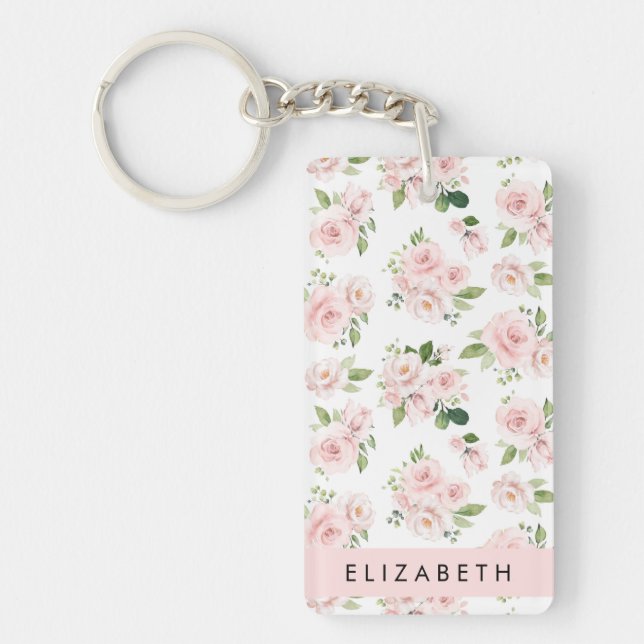 Porte-clefs Fleurs roses, Roses, Fleurs Aquarelles, Votre Nom (Devant)