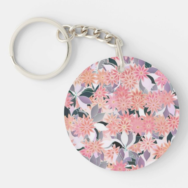 Porte-clefs Fleurs roses sur un arrière - plan de feuilles arg (Devant)