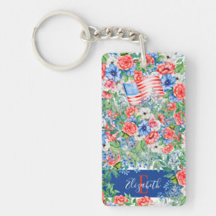 Porte-clefs Fleurs Rouge Blanc Et Bleu Monogramme 4 Juillet