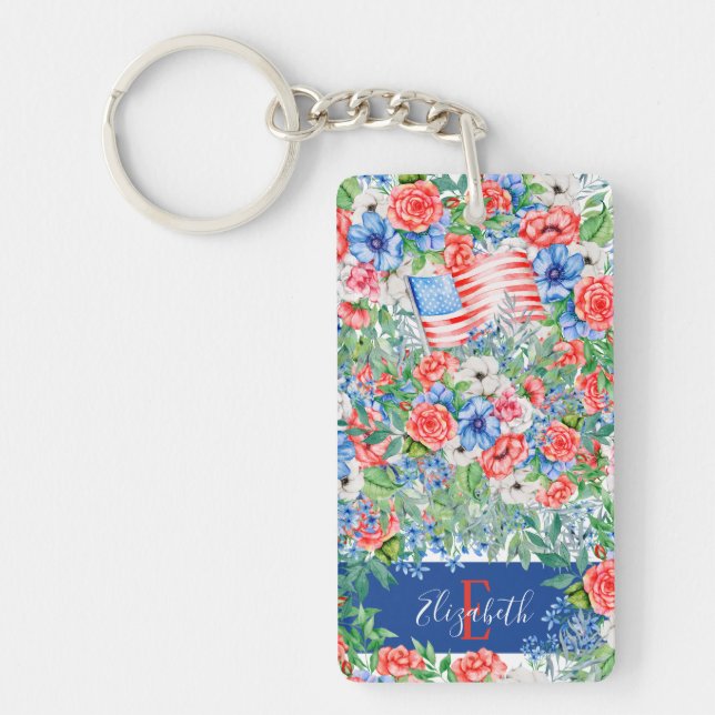 Porte-clefs Fleurs Rouge Blanc Et Bleu Monogramme 4 Juillet (Devant)
