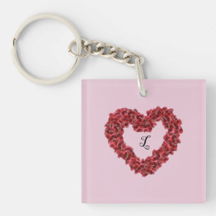 Porte-clefs Fleurs rouges Coeur avec Monogramme Floral