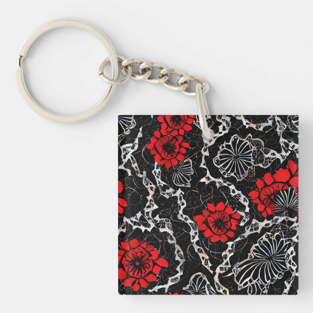 Porte-clefs Fleurs rouges et dentelle noire Motif sans couture (Devant)