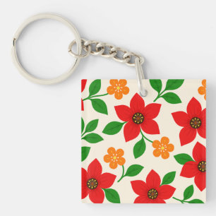 Porte-clefs Fleurs rouges et orange avec feuilles vertes