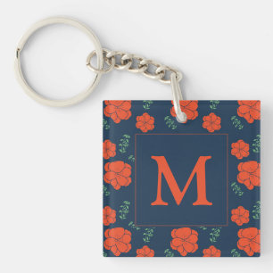 Porte-clefs Fleurs rouges Motif Monogramme bleu foncé