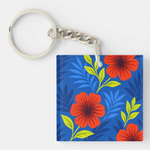 Porte-clefs Fleurs rouges vermillon audacieuses avec des feuil