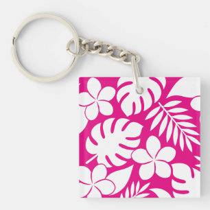 Porte-clefs Fleurs tropicales blanches sur fond rose vif