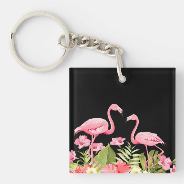 Porte-clefs Fleurs tropicales et design de flamants roses (Devant)