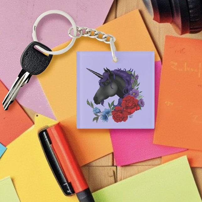 Porte-clefs Fleurs Unicorne Noire violet (Créateur téléchargé)