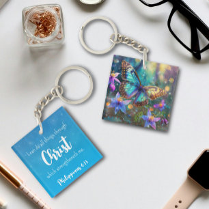 Porte-clefs Fleurs verses Philippians 4:13 bleu clair