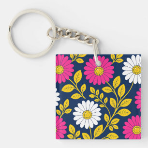 Porte-clefs Fleurs Vibrantes avec Marguerites et Feuilles Doré