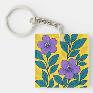 Porte-clefs Fleurs violettes et feuilles sarcelles sur fond ja