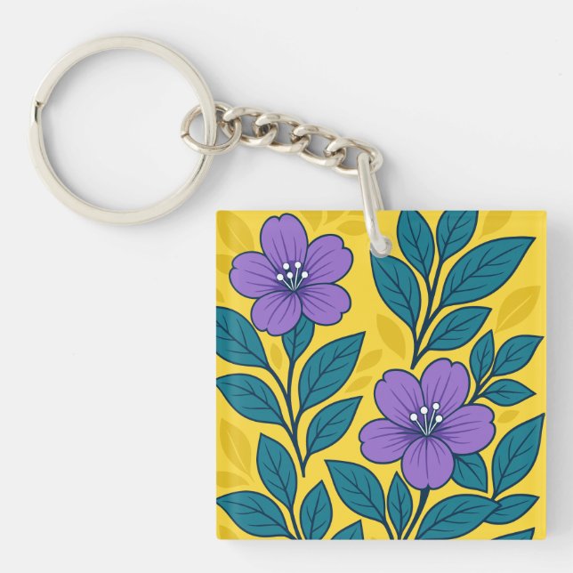 Porte-clefs Fleurs violettes et feuilles sarcelles sur fond ja (Devant)
