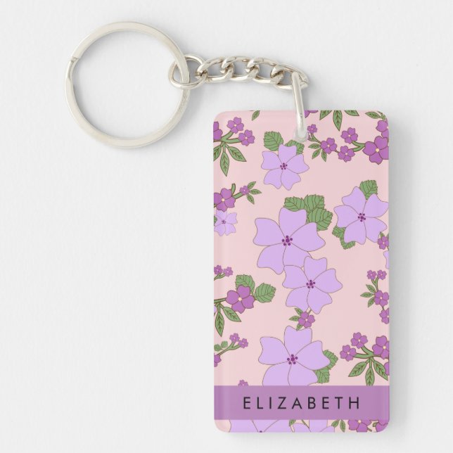 Porte-clefs Fleurs Violettes, Motif De Fleurs, Votre Nom (Devant)