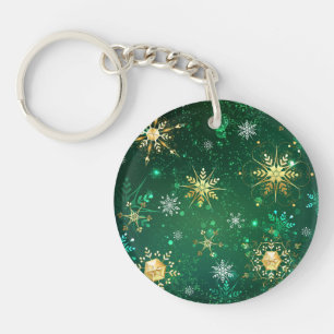 Porte-clefs Flocons de neige dorés de Noël sur fond vert