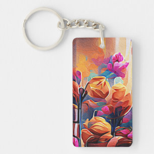 Porte-clefs Floral Abstract Art Orange Red Blue Flowers