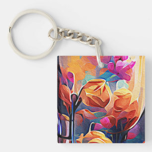 Porte-clefs Floral Abstract Art Orange Red Blue Flowers