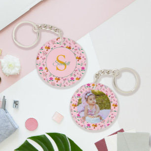 Porte-clefs Floral Bee & Fleurs Motif Monogramme rose