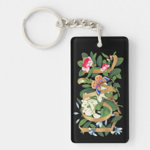 Porte-clefs Floral Botanique Love Gold Foil Élégant Noir