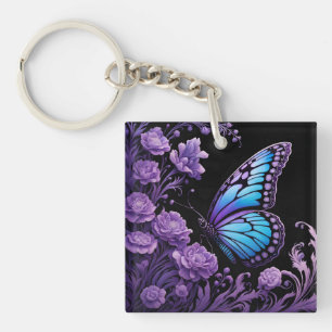 Porte-clefs Floral de papillon bleu et violet