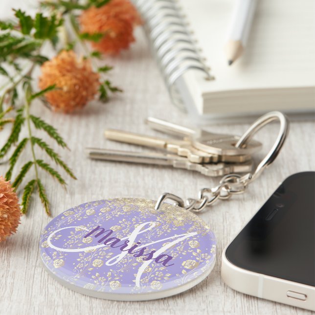 Porte-clefs Floral d'or Monogram sur Lavender (Devant Droit)
