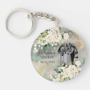 Porte-clefs Floral Gold Botanical Cream Nom photo Mariage