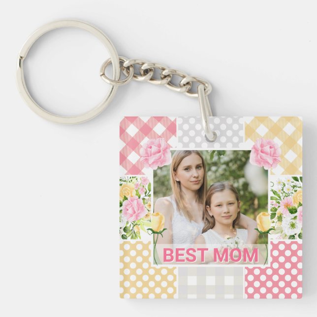 Porte-clefs Floral & Plaid Photo Frame Mother's Day (Devant)
