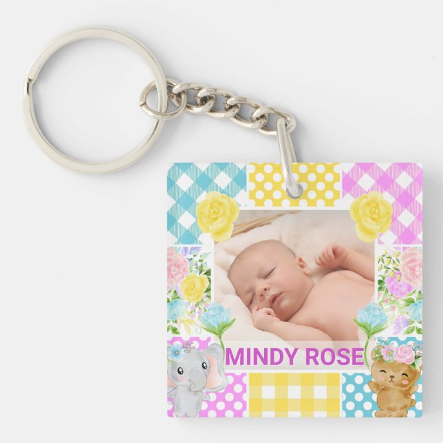 Porte-clefs Floral & Plaid Photo Frame Newborn Baby (Devant)
