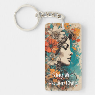 Porte-clefs Flower Power Retro femme Portrait Acrylique Porte 