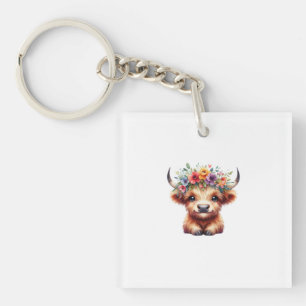 Porte-clefs Fluffy Baby Highland Cow with Floral Crown – Cute