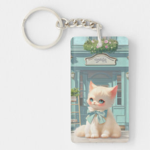 Porte-clefs Fluffy Kitten avec Blue Bow à la pâtisserie