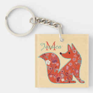 Porte-clefs Folk Art Flower Motif Fox personnalisé