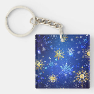 Porte-clefs Fond bleu de Noël avec flocons d'or