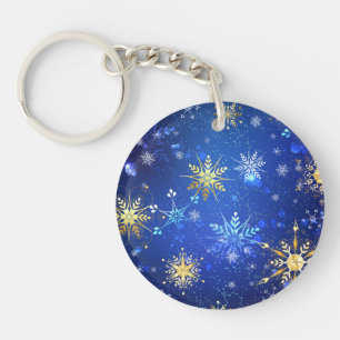 Porte-clefs Fond bleu de Noël avec flocons d'or