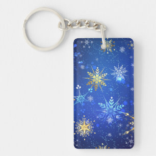 Porte-clefs Fond bleu de Noël avec flocons d'or