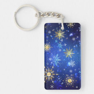 Porte-clefs Fond bleu de Noël avec flocons d'or