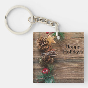 Porte-clefs fond en bois avec pommes de pin     