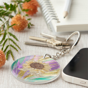 Porte-clefs Fond floral métallisé coloré avec tournesol
