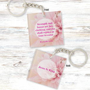 Porte-clefs Force et honneur Verset biblique avec fleurs roses