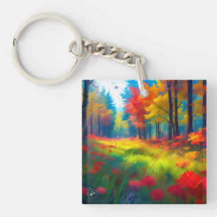 Porte-clefs Forêt aux arbres colorés et fleurs-47560