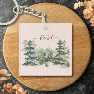 Porte-clefs Forêt de pins et montagne rustique à l'aquarelle