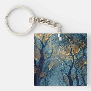 Porte-clefs Forêt hivernale enchantée aux arbres dorés lumineu