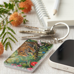 Porte-clefs Forêt tropicale de jaguar Colibris Papillons Fleur
