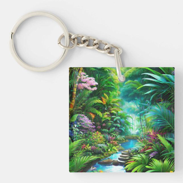 Porte-clefs Forêt tropicale humide avec arbres et fleurs (Devant)