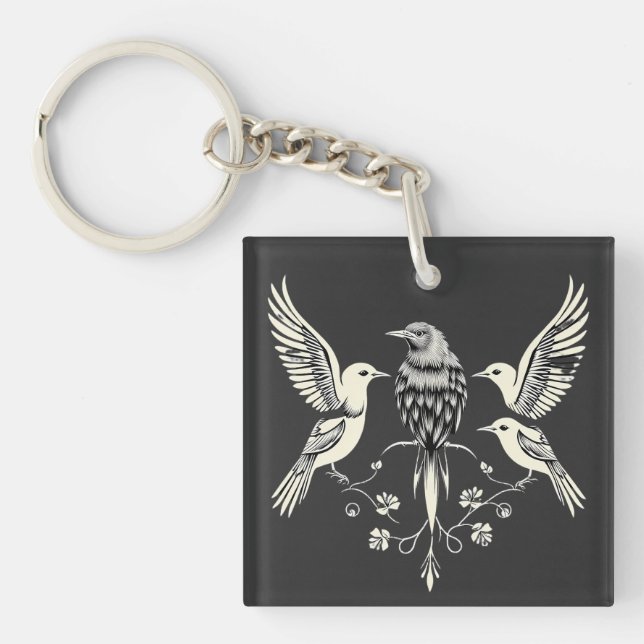 Porte-clefs Four Birds on a Branch Illustration (Devant)