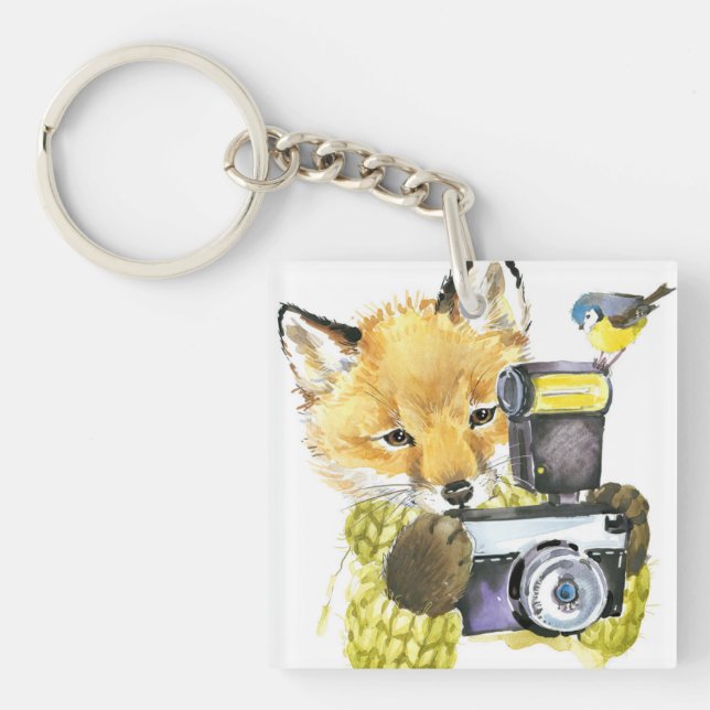 Porte-clefs Fox mignon d'aquarelle prenant des photos (Devant)