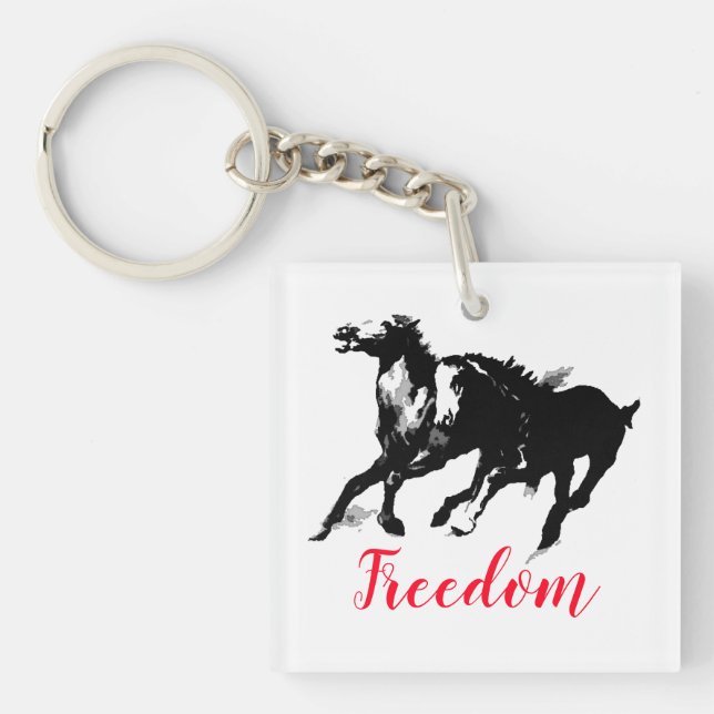 Porte-clefs Freedom Black White Pop Art Runses Horses (Devant)