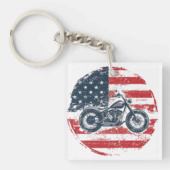 Porte-clefs Freedom Ride : Moto rétro et drapeau américain (Devant)