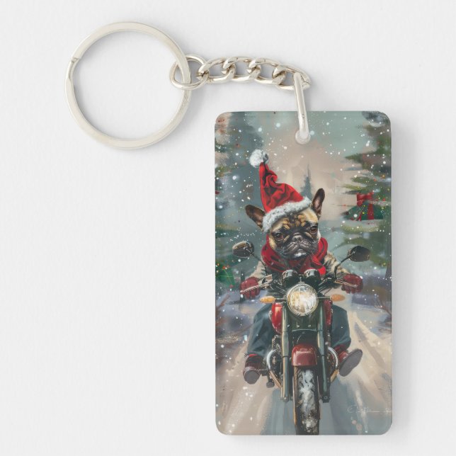 Porte-clefs French Bulldog Riding Moto Noël (Devant)